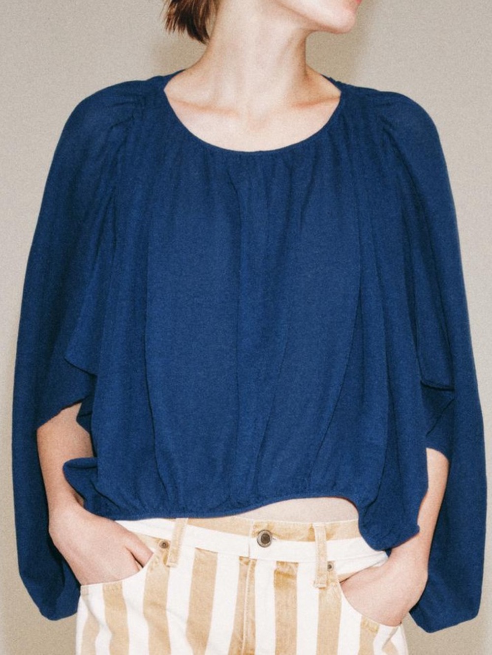 Zara Navy Blue Draped Cape-Sleeve Puffy Knit Top
